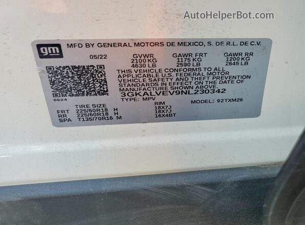 3GKALVEV9NL230342 2022 GMC TERRAIN White VIN კოდის სტიკერის ხედი