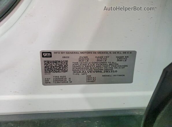 3GKALVEV9NL281310 2022 GMC TERRAIN White VIN კოდის სტიკერის ხედი