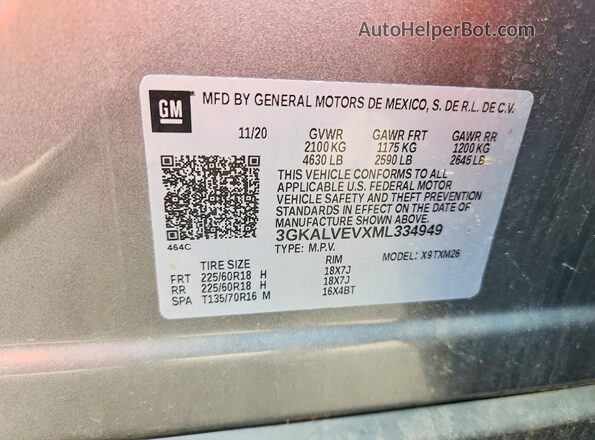 3GKALVEVXML334949 2021 GMC TERRAIN Серый Вид наклейки с VIN-кодом