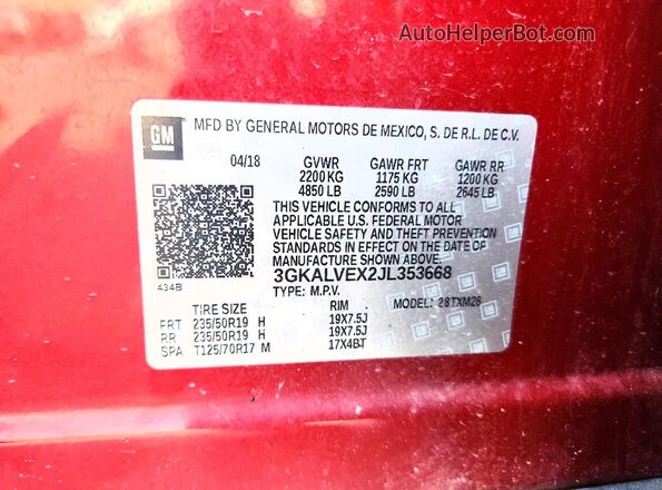 3GKALVEX2JL353668 2018 GMC TERRAIN Burgundy VIN კოდის სტიკერის ხედი