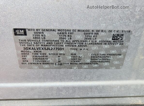 3GKALVEX5JL277931 2018 GMC TERRAIN Silver VIN կոդի պիտակի տեսք