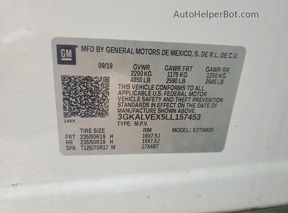 3GKALVEX5LL157453 2020 GMC TERRAIN Белый Вид наклейки с VIN-кодом
