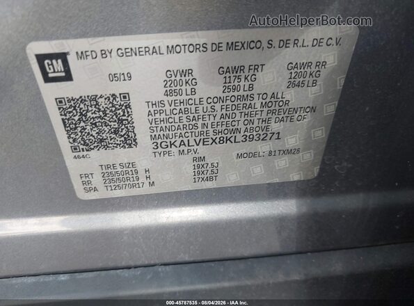3GKALVEX8KL393271 2019 GMC TERRAIN Gray Engine compartment view
