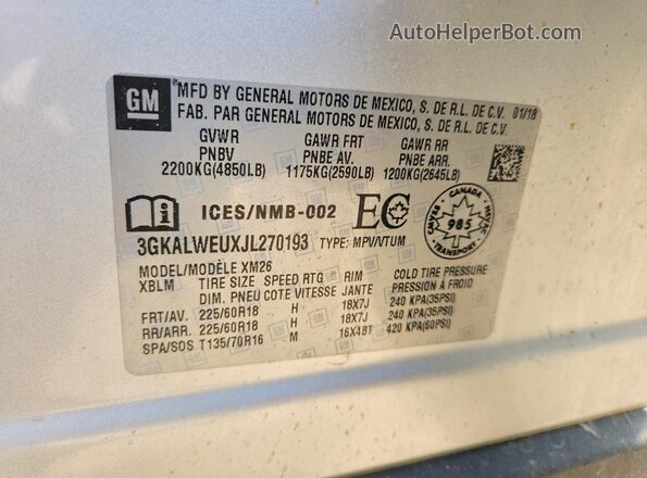 3GKALWEUXJL270193 2018 GMC TERRAIN Silver VIN კოდის სტიკერის ხედი