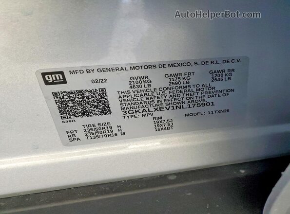 3GKALXEV1NL175901 2022 GMC TERRAIN Silver VIN կոդի պիտակի տեսք