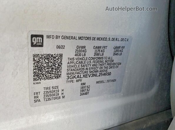 3GKALXEV3NL254650 2022 GMC TERRAIN Gray VIN կոդի պիտակի տեսք