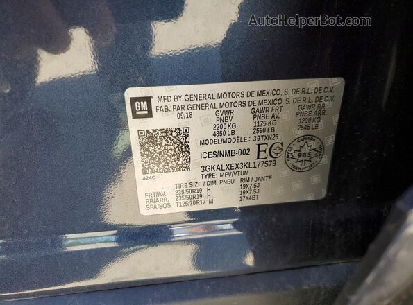 3GKALXEX3KL177579 2019 GMC TERRAIN Blue Вид наклейки з VIN-кодом