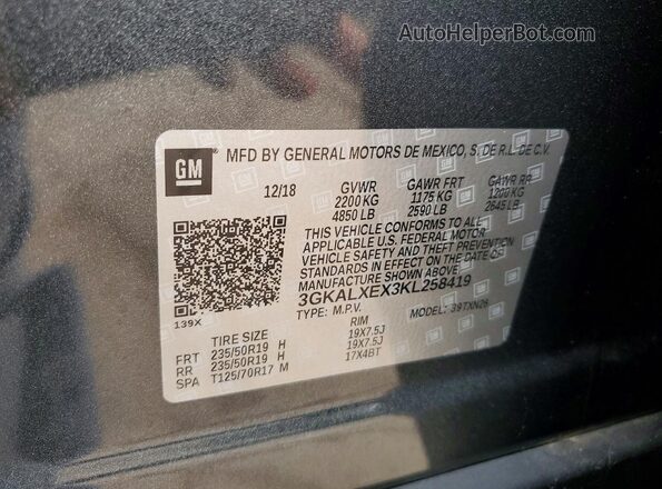 3GKALXEX3KL258419 2019 GMC TERRAIN Charcoal Вид наклейки з VIN-кодом