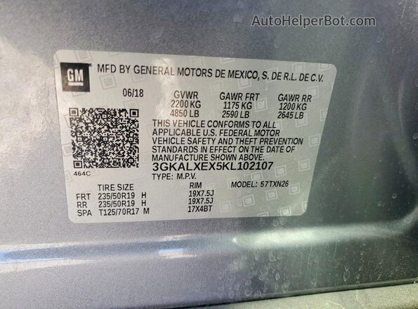3GKALXEX5KL102107 2019 GMC TERRAIN Gray VIN կոդի պիտակի տեսք