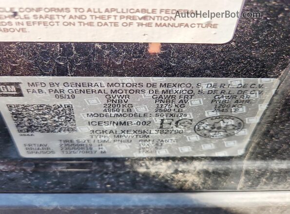 3GKALXEX5KL382790 2019 GMC TERRAIN Black Vista de la etiqueta del VIN
