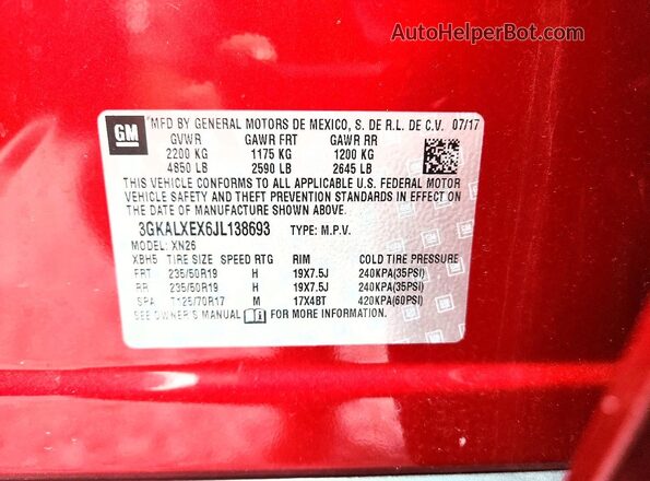 3GKALXEX6JL138693 2018 GMC TERRAIN Red VIN sticker view