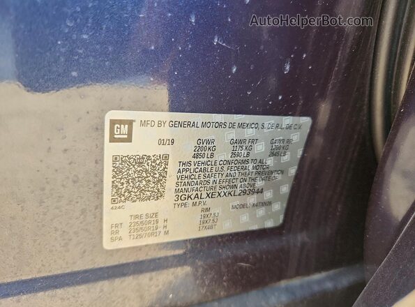 3GKALXEXXKL293944 2019 GMC TERRAIN Blue VIN კოდის სტიკერის ხედი