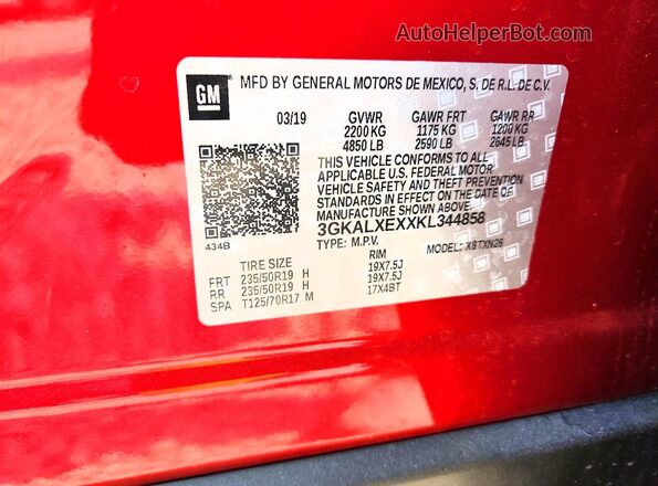 3GKALXEXXKL344858 2019 GMC TERRAIN Red Вид наклейки з VIN-кодом