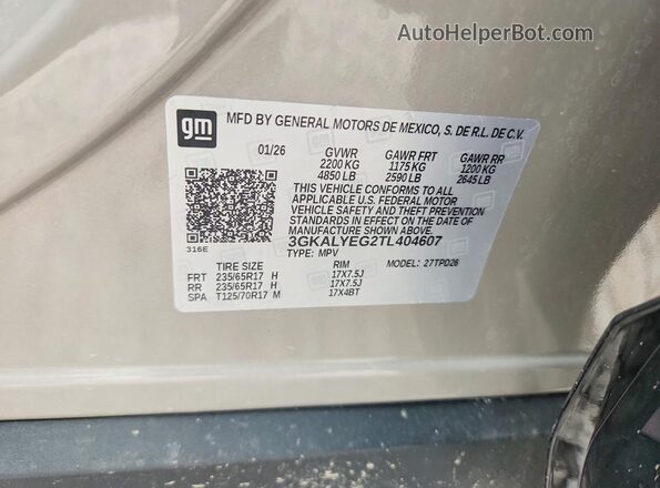 3GKALYEG2TL404607 2026 GMC TERRAIN Tan VIN კოდის სტიკერის ხედი