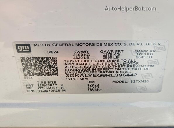 3GKALYEG8RL396442 2024 GMC TERRAIN White VIN կոդի պիտակի տեսք