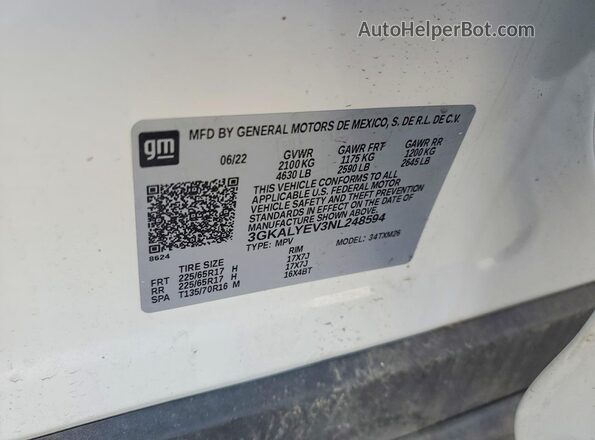 3GKALYEV3NL248594 2022 GMC TERRAIN White VIN կոդի պիտակի տեսք