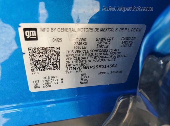 3GN7DNRP3SS214564 2025 CHEVROLET EQUINOX Blue Vista de la etiqueta del VIN