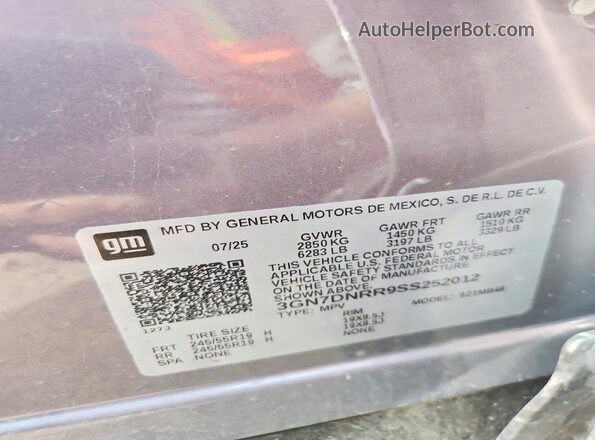 3GN7DNRR9SS252012 2025 CHEVROLET EQUINOX Gray VIN sticker view