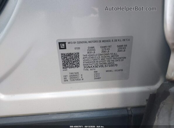 3GNAX5EV0LS710070 2020 CHEVROLET EQUINOX Silver Vista del compartimento del motor