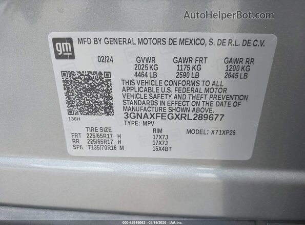 3GNAXFEGXRL289677 2024 CHEVROLET EQUINOX Gray Vista del compartimento del motor