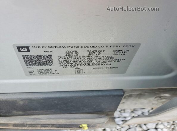 3GNAXFEV8LS688194 2020 CHEVROLET EQUINOX Серебряный Вид наклейки с VIN-кодом