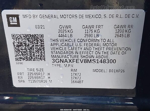 3GNAXFEV8MS148300 2021 CHEVROLET EQUINOX Blue Engine compartment view
