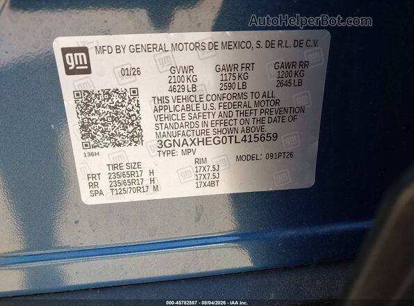 3GNAXHEG0TL415659 2026 CHEVROLET EQUINOX Blue Widok komory silnika