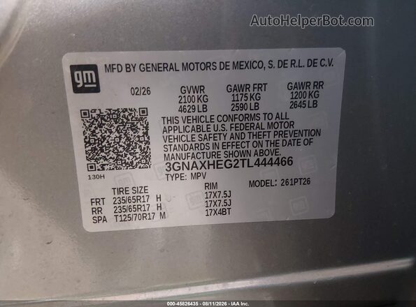 3GNAXHEG2TL444466 2026 CHEVROLET EQUINOX Gray Вид підкапотного простору