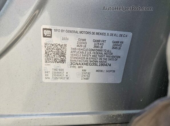3GNAXHEG3SL190474 2025 CHEVROLET EQUINOX Серебряный Вид наклейки с VIN-кодом