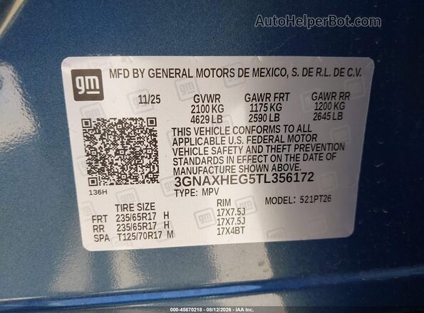 3GNAXHEG5TL356172 2026 CHEVROLET EQUINOX Blue ძრავის განყოფილების ხედი