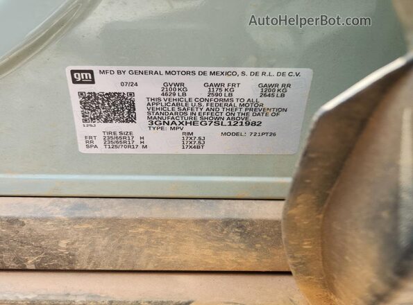 3GNAXHEG7SL121982 2025 CHEVROLET EQUINOX Green VIN კოდის სტიკერის ხედი