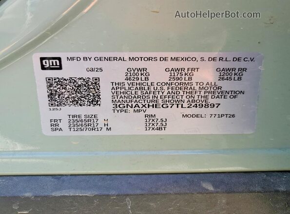 3GNAXHEG7TL249897 2026 CHEVROLET EQUINOX Бирюзовый Вид наклейки с VIN-кодом