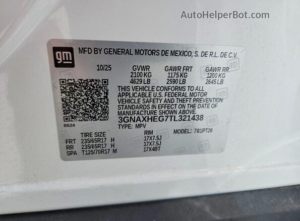 3GNAXHEG7TL321438 2026 CHEVROLET EQUINOX White Widok naklejki z numerem VIN