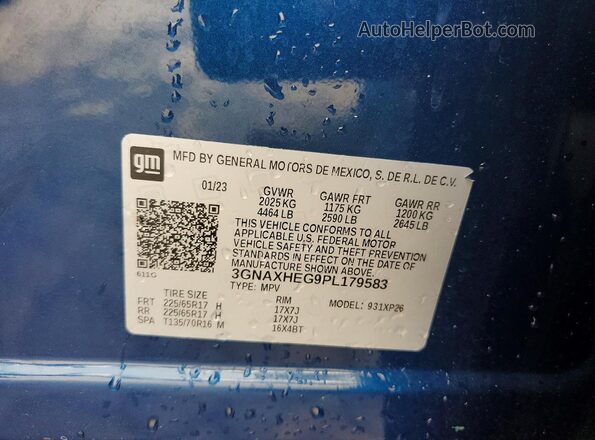 3GNAXHEG9PL179583 2023 CHEVROLET EQUINOX Blue Widok naklejki z numerem VIN