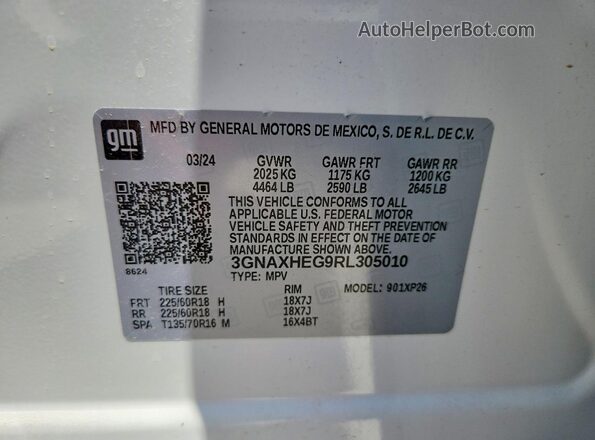 3GNAXHEG9RL305010 2024 CHEVROLET EQUINOX White Widok naklejki z numerem VIN