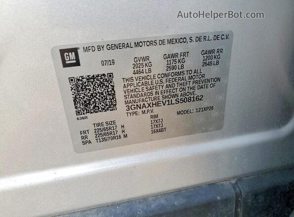 3GNAXHEV1LS508162 2020 CHEVROLET EQUINOX Silver Vista interior de 360 grados