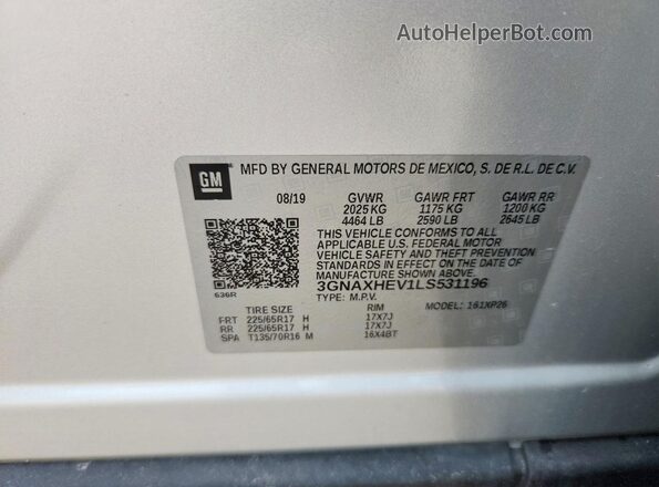 3GNAXHEV1LS531196 2020 CHEVROLET EQUINOX Silver Vista de la etiqueta del VIN