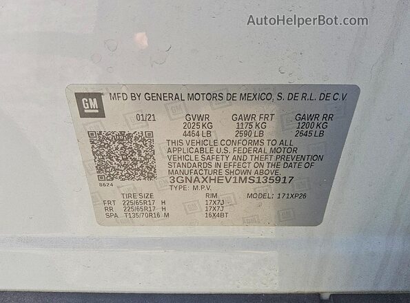 3GNAXHEV1MS135917 2021 CHEVROLET EQUINOX Белый Вид наклейки с VIN-кодом
