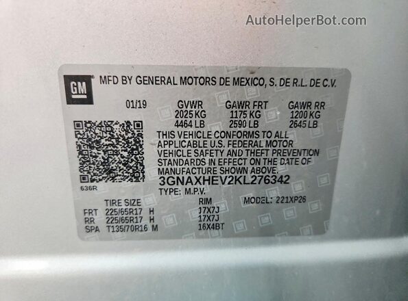 3GNAXHEV2KL276342 2019 CHEVROLET EQUINOX Silver Widok naklejki z numerem VIN