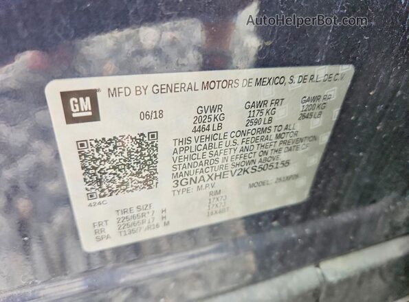 3GNAXHEV2KS505155 2019 CHEVROLET EQUINOX Blue Вид наклейки з VIN-кодом