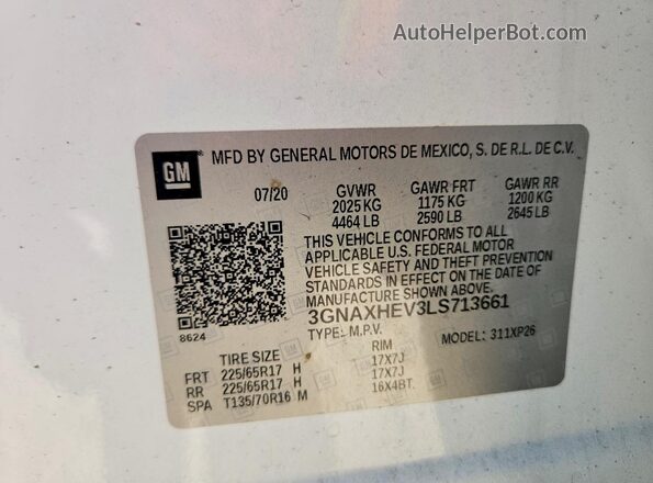 3GNAXHEV3LS713661 2020 CHEVROLET EQUINOX White VIN sticker view