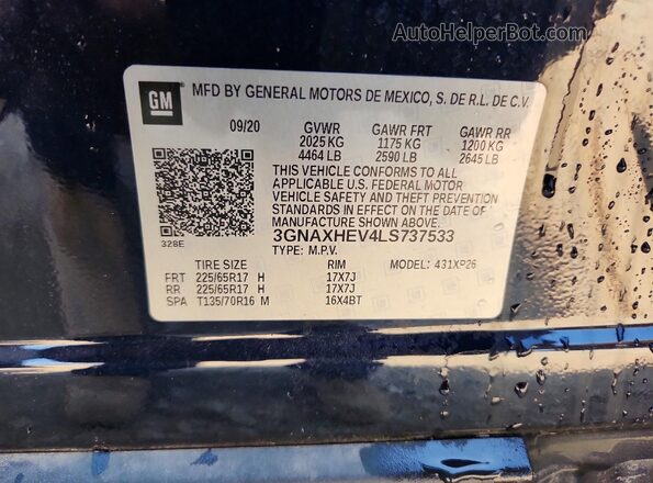 3GNAXHEV4LS737533 2020 CHEVROLET EQUINOX Blue Панорамний вид салону 360°