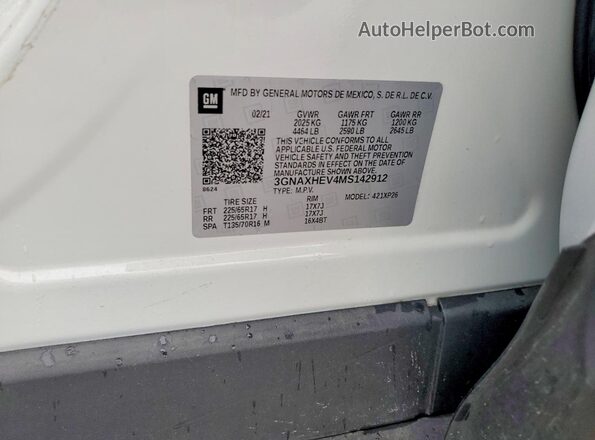 3GNAXHEV4MS142912 2021 CHEVROLET EQUINOX White Engine compartment view
