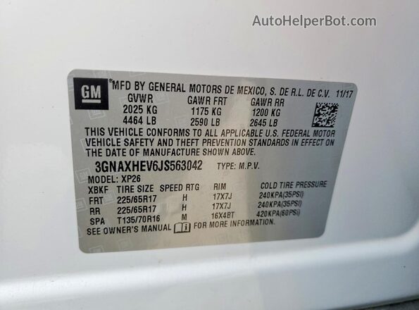 3GNAXHEV6JS563042 2018 CHEVROLET EQUINOX Белый Вид наклейки с VIN-кодом
