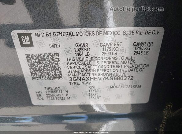3GNAXHEV7KS680372 2019 CHEVROLET EQUINOX Gray Вид підкапотного простору