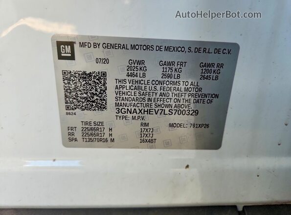 3GNAXHEV7LS700329 2020 CHEVROLET EQUINOX White Вид наклейки з VIN-кодом