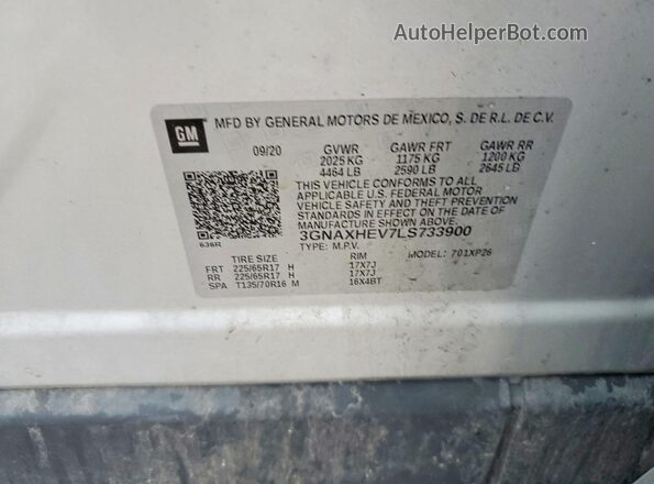 3GNAXHEV7LS733900 2020 CHEVROLET EQUINOX Silver Widok naklejki z numerem VIN