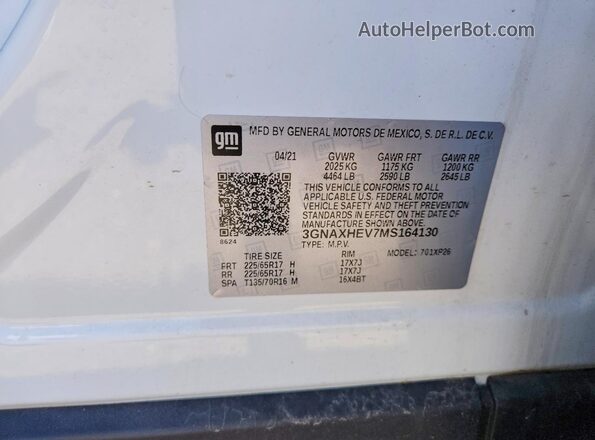 3GNAXHEV7MS164130 2021 CHEVROLET EQUINOX White Вид наклейки з VIN-кодом