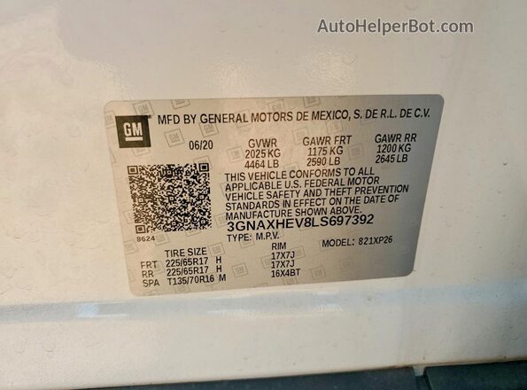 3GNAXHEV8LS697392 2020 CHEVROLET EQUINOX White Widok naklejki z numerem VIN