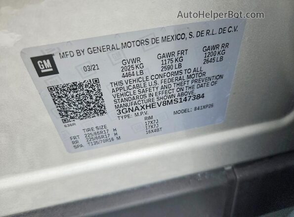 3GNAXHEV8MS147384 2021 CHEVROLET EQUINOX Silver VIN sticker view